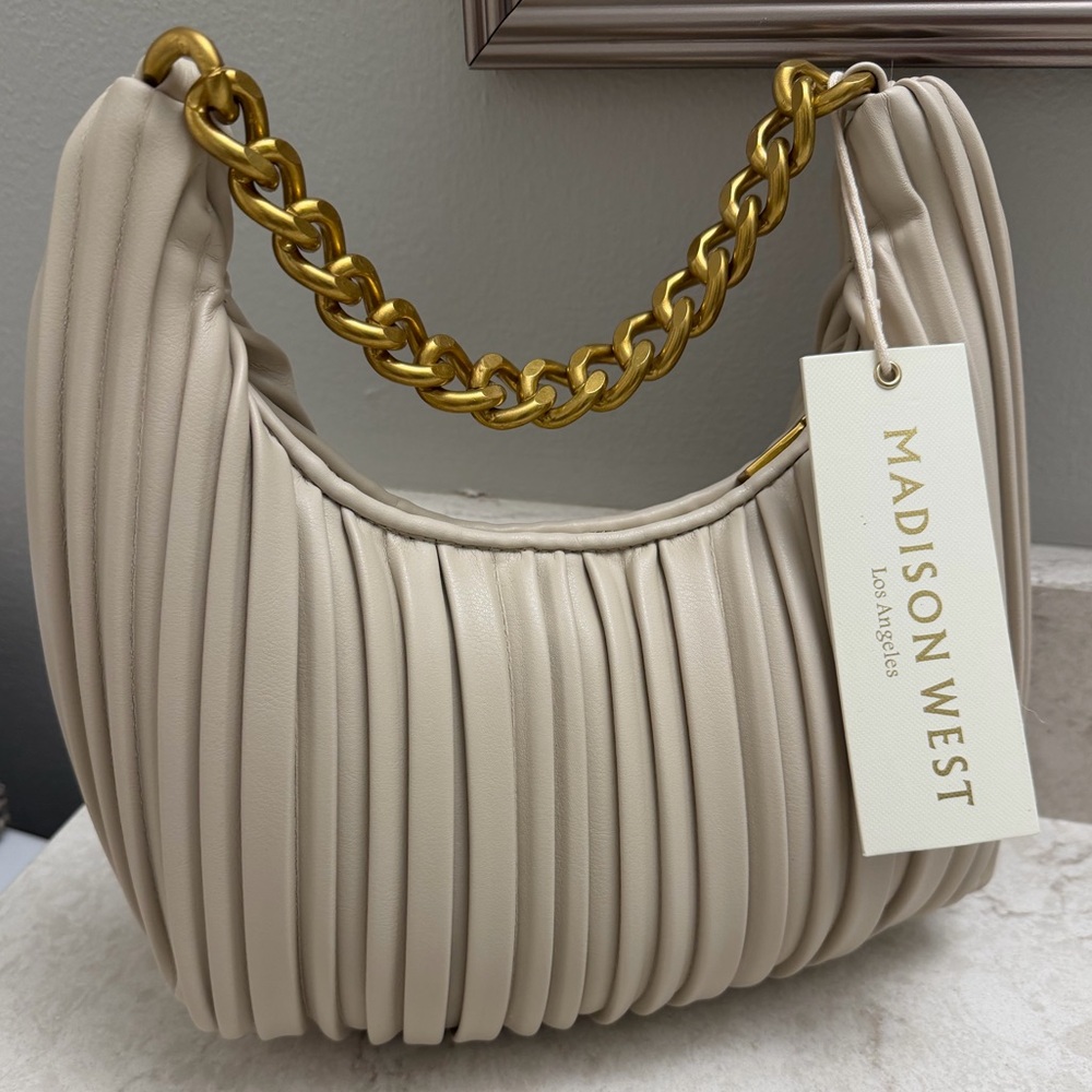 Madison West Beige Pleated Shoulder Bag with Gold Chain